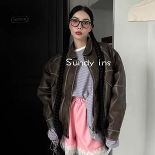 翻领纯色复古宽松潮酷夹克皮衣外套女 时尚 韩国东大门代购 24秋款