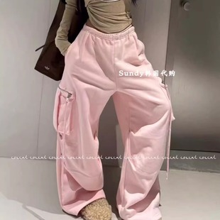 长裤 韩国代购 高腰大口袋直筒阔腿加绒休闲裤 时尚 女 INS博主25冬新