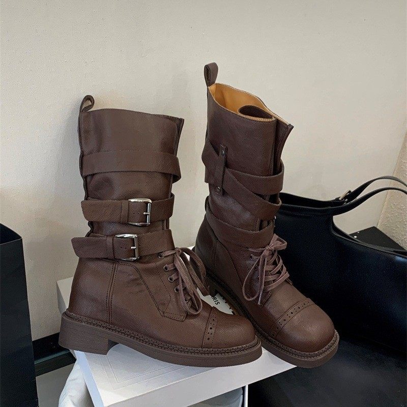 韩国代购2025秋冬新款时尚粗跟棕色皮带扣系带复古马丁靴中筒短靴