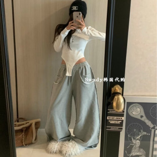 高腰松紧抽绳宽松阔腿休闲裤 时尚 女 INS25秋新 直邮韩国东大门代购