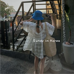 直邮韩国代购 甜美纯色花边微透露背显瘦连衣裙女 INS博主25夏 时尚