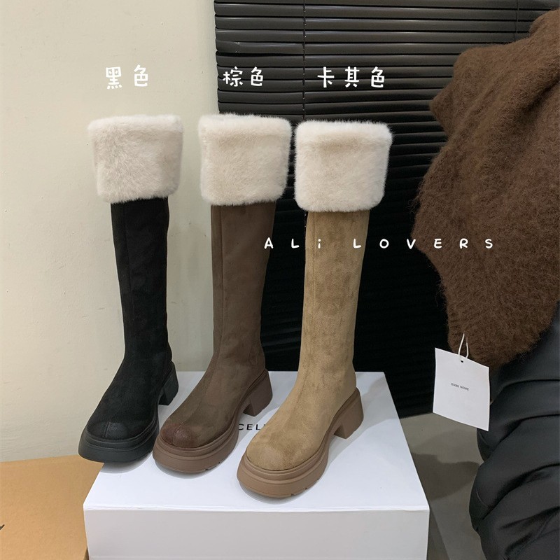 韩系擦色厚底加绒高筒骑士靴