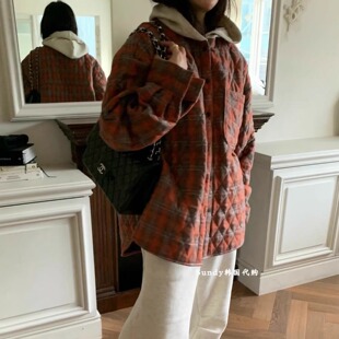 连帽宽松拼色菱形压褶夹棉衬衫 时尚 女 INS25冬 直邮韩国东大门代购