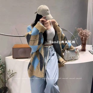 女 气质菱形拼色宽松显瘦针织开衫 直邮韩国代购 INS博主25冬新