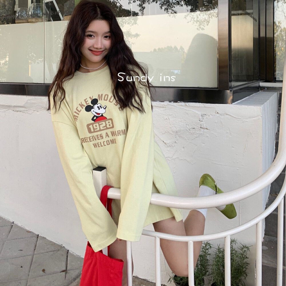 韩国代购2025夏新款 减龄奶黄色显白米奇卡通字母宽松防晒长袖T恤