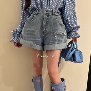高腰A字显瘦割破卷边牛仔短裤 韩国正品 时尚 25春新ins博主 女 代购