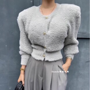 针织开衫 气质纯色毛绒软暖垫肩短款 女 INS博主25秋新 直邮韩国代购