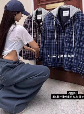 韩国东大门代购insn博主 潮人拼接连帽宽松格子百搭夹克休闲外套