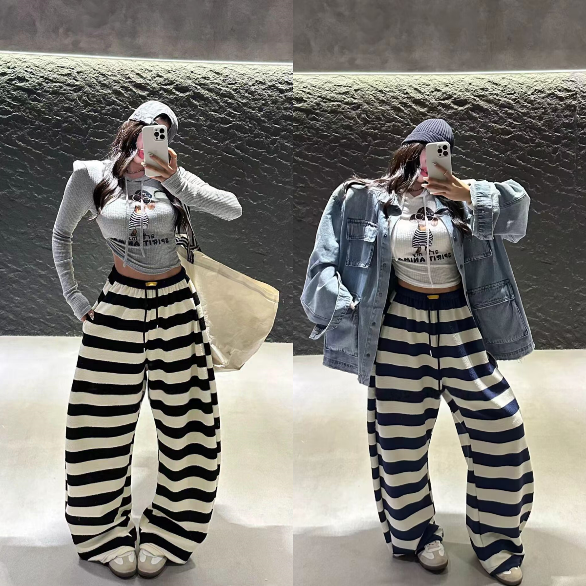 韩国代购INS博主25秋新 时尚高腰小标系带条纹拼色直筒阔腿休闲裤