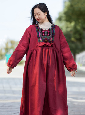 念旧原创/1121D 复古纯棉加绒绣片宽松袍子女显瘦保暖连衣裙