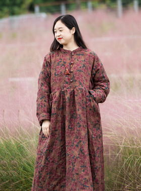 念旧原创/1031B 复古纯亚麻印花夹新雪丽棉袍女加厚保暖碎花连衣