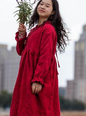 念旧原创/红霞 文艺亚麻红色提花宽松袍子女木耳边旅行风连衣裙