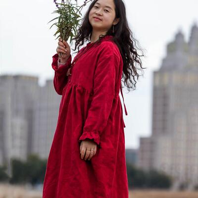 念旧原创/红霞 文艺亚麻红色提花宽松袍子女木耳边旅行风连衣裙