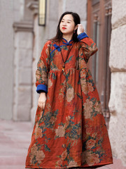 念旧原创/1121B复古纯亚麻印花加新雪丽宽松袍子女加厚碎花连衣裙