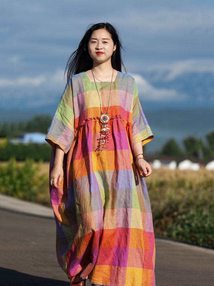 文艺大摆裙纯亚麻格子木耳边