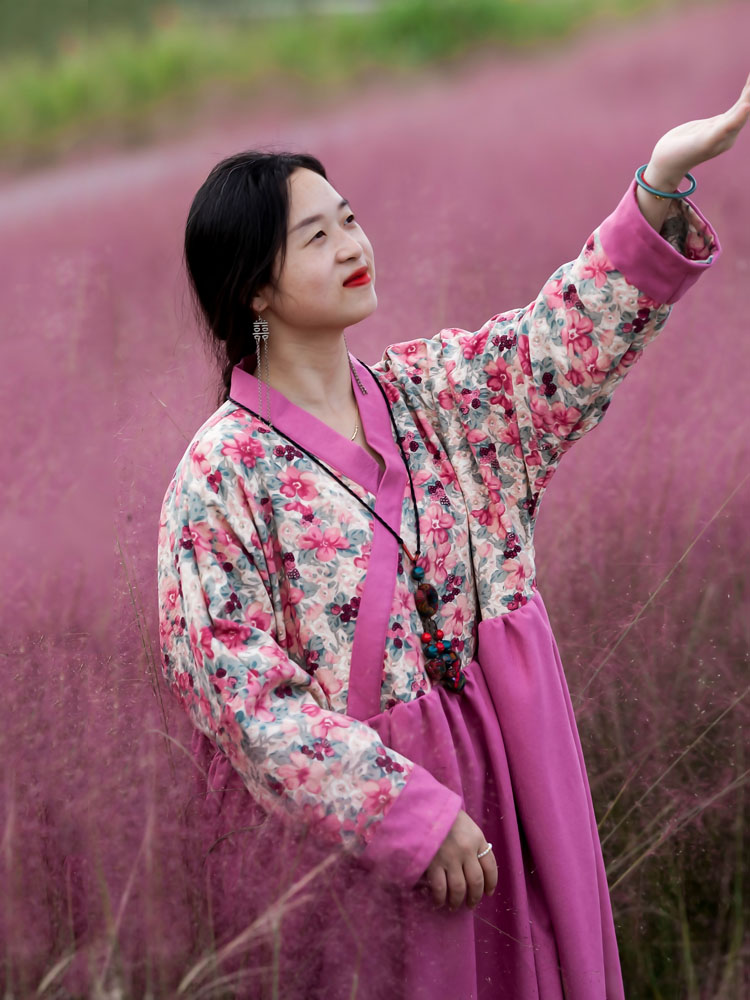 文艺大摆裙灯芯绒花朵拼接