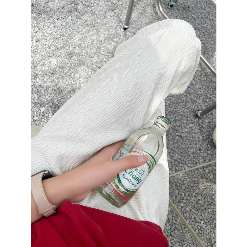 显瘦大长腿白色褶皱垂感阔腿裤女春秋高腰直筒肌理感休闲拖地裤子