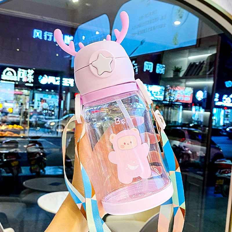 鹿角杯儿童弹跳吸管杯子创意卡通可爱户外水壶有背带鹿角塑料