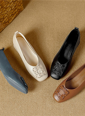 2025新款粗跟浅口单鞋低帮蓝色复古中跟奶奶鞋方头软皮时尚女鞋子