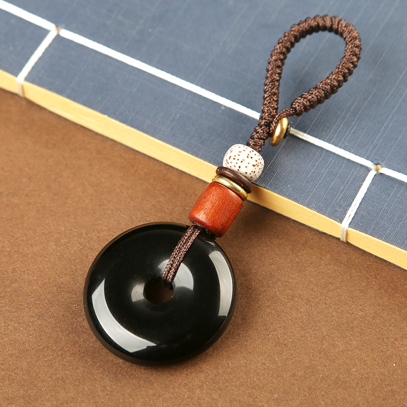 天然黑曜石平安扣吊坠简约汽车钥匙扣手机链挂件男女创意生日礼物