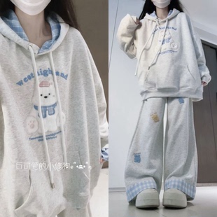 盐系学院风套装慵懒可爱假两件连帽卫衣刺绣小熊休闲阔腿裤两件套
