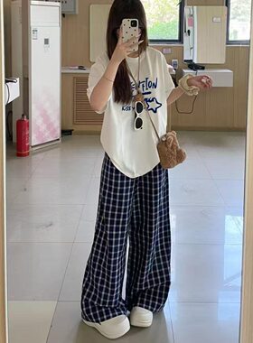 套装女2026夏季短袖t恤女学院风韩版宽松格子裤子百搭穿搭两件套