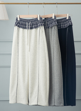 浅灰色假两件格子屁帘阔腿弯刀卫裤女2026春新款休闲直筒裤小个子