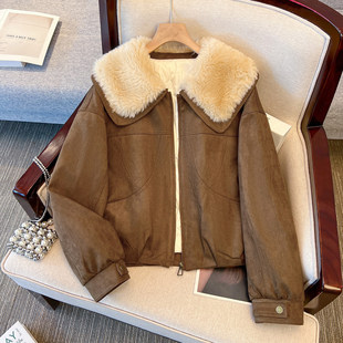 美拉德棕咖色羊羔毛大翻领麂皮外套羽绒服内胆女2025冬装新款夹克