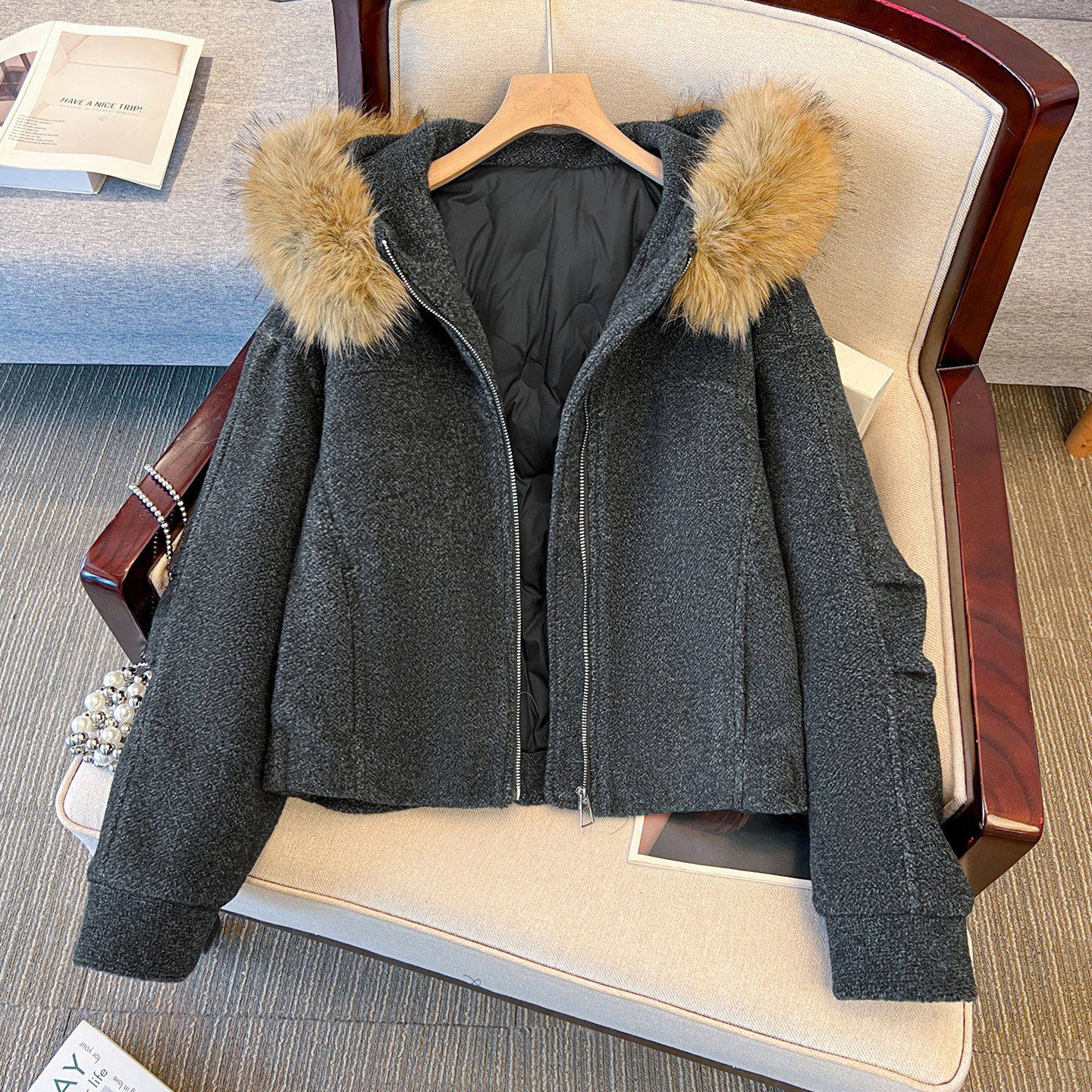 小香风灰色毛领连帽毛呢外套羽绒内胆女短款2026冬新款高级感大衣,女装/女士精品,短外套,淘宝优惠券,粉丝福利购,淘宝优惠卷