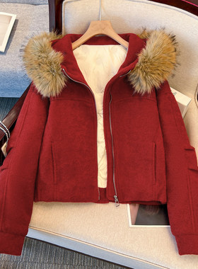 超好看红色连帽毛领短款毛呢外套羽绒服内胆女2025冬季新加厚大衣