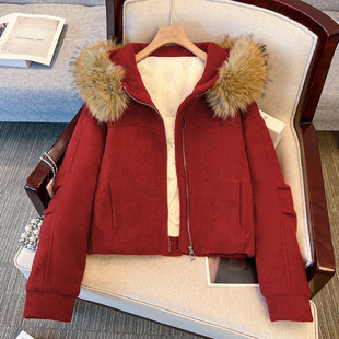 超好看红色连帽毛领短款毛呢外套羽绒服内胆女2025冬季新加厚大衣