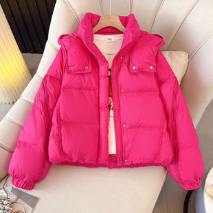 玫红色连帽白鸭绒面包羽绒服女短款小个子2025冬季新独特漂亮外套