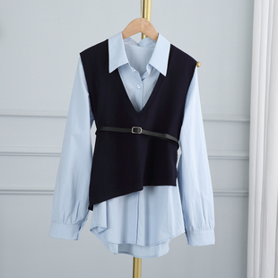 时尚针织马甲背心内搭长袖衬衫女2025早秋季新款韩系穿搭一整套装