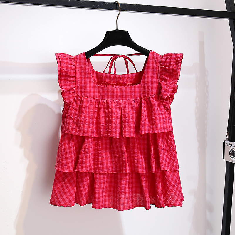 玫红色飞飞袖衬衫短款格子娃娃衫