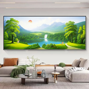 客厅挂画简约装饰画青山绿水靠山流水图生财壁画现代风景画山水