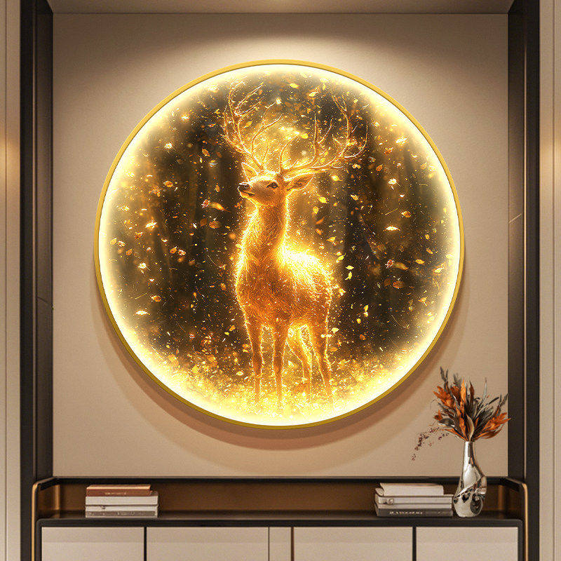 轻奢金色麋鹿玄关装饰画黄金满地走廊过道挂画入户门圆形带灯壁画