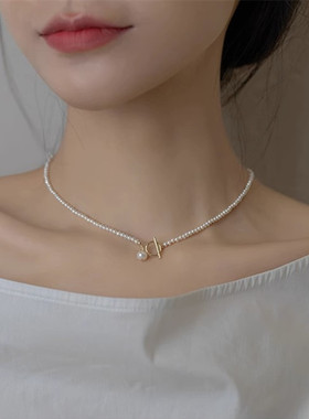 上身显时尚网红风高级感锁骨链百搭元宝扣颈链珍珠高级感轻