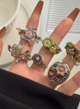 新中式新款欧美宫廷复古戒指森系花朵绿捷克珠指环