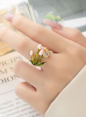 森系小清新郁金香开口戒指时尚优雅滴油花朵指环小众轻奢新品