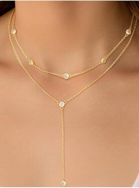锆石镶嵌链条流苏Y形项链 时尚简约套索锁骨链节日