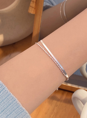 925纯银双层蛇骨链手链女小众ins简约叠戴橄榄圆珠手环y2k银饰品