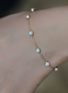 925纯银镀14K金色7颗欧泊手链女生复古轻奢小众设计高级ins手