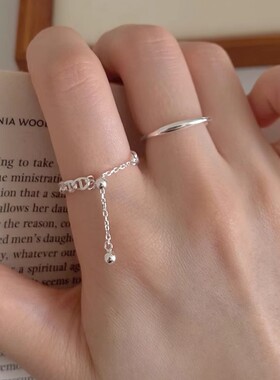 s925纯银猪鼻子戒指女抽拉可调节ins小众设计镂空软链条素圈指环