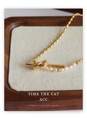 铜镀18K真金保色淡水养殖珍珠项链小众扭结高级感法式复古锁骨链