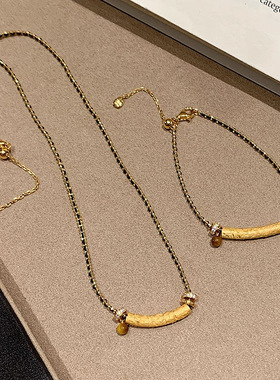 小红书爆款Vintage中古微笑虎眼石黑金项链国风新中式拉丝款手链