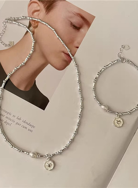 小众设计s925纯银手工竹节心形珍珠项链女冷淡风时尚高级感锁骨