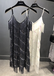 2020夏季 性感V领流苏吊带连衣裙亮片国标舞裙夜店肚皮舞女裙 新款