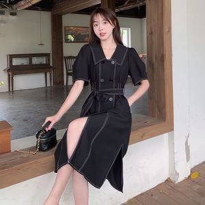 RM13684#赫本风黑色连衣裙胖jmm小众设计高级感梨型身材遮胯显瘦气质长裙