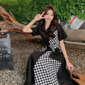 RM13685#大码女装甜酷连衣裙胖mm松紧绑带收腰不规则蓝黑格子裙设计裙子夏