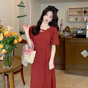 RM13689#大码胖妹妹法式茶歇蝴蝶结小黑裙女夏季新款设计感收腰显瘦连衣裙